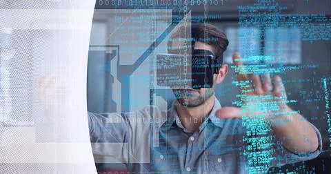 Binary coding data processing against man wearing vr headset against white Stock Photos