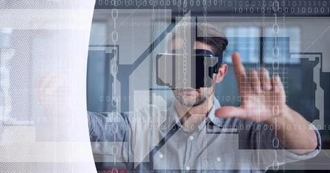 Binary coding data processing against man wearing vr headset against white Stock Photos