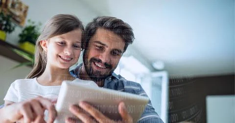 Binary coding data processing against caucasian father and daughter using Stock Photos