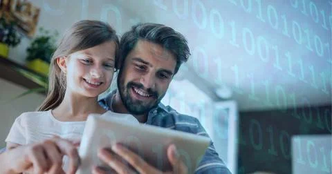 Binary coding data processing against caucasian father and daughter using Stock Photos