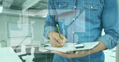 Binary coding data processing against mid section of a man writing on clipboard 스톡 사진