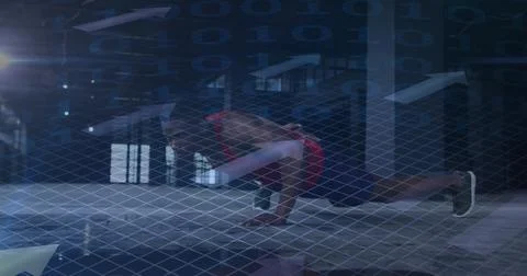 Binary coding data processing against african american man performing one handed Stock Photos