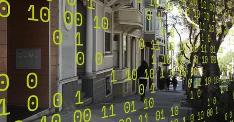 Binary coding data processing against read view of a woman walking on the street Foto stock
