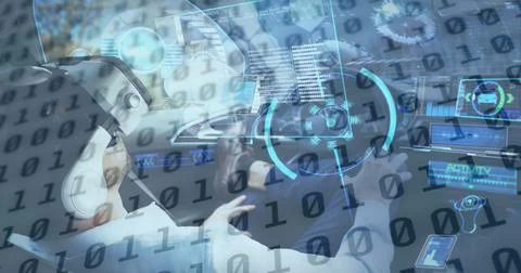 Binary coding data processing against man wearing vr headset sitting in self Stock Photos