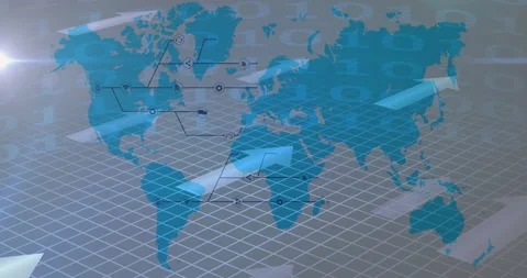 Binary coding data processing and grid network over world map against white Stock Footage 150049100