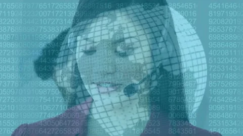 Binary coding data processing and globe over female customer care executive Video stock 158398982