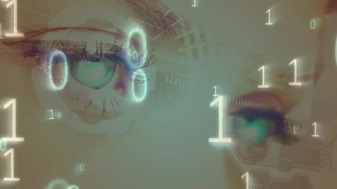 Binary coding data processing and scope scanning over close up of female eyes Video stock 220356029