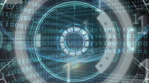 Binary coding data processing and round scanner against close up of a globe on Stock Footage 220400918