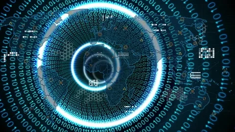 Binary coding data processing and world map over blue glowing tunnel in seamless Stock Footage 330174693