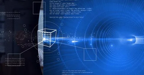 Binary coding data processing and geometric shapes against black technology Illustrazione stock