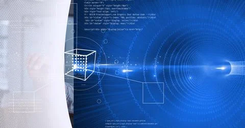 Binary coding data processing and geometric shapes against white technology Illustrazione stock