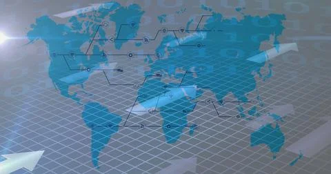 Binary coding data processing and grid network over world map against white Illustrazione stock