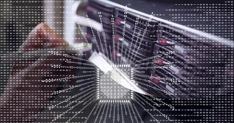 Binary coding data processing and microprocessor chip on mid section of worker Stock Photos