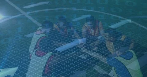 Binary coding data processing and arrows against team of male soccer players 스톡 사진