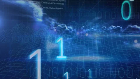 Binary coding data processing over clouds in sky against blue background Stock Footage 150453058