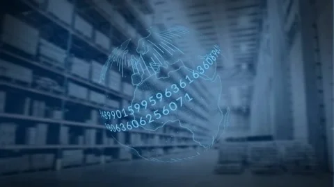 Binary coding data processing over globe spinning against warehouse in Stock-Footage 157347590