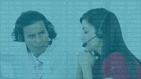Binary coding data processing over diverse male and female customer care Video stock 158398900