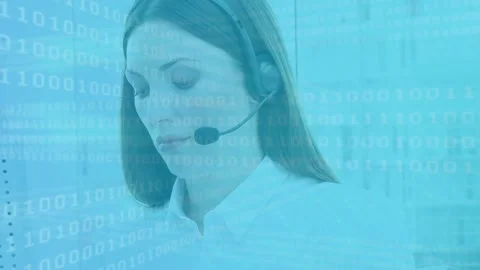 Binary coding data processing over caucasian female customer care executive Video stock 158398937