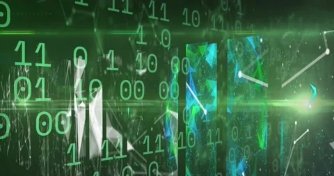 Binary coding data processing over screens of plexus networks against green Stock Footage 190957491