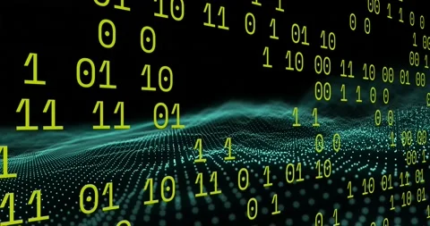 Binary coding data processing over green digital wave floating against black Stock Footage 190962499