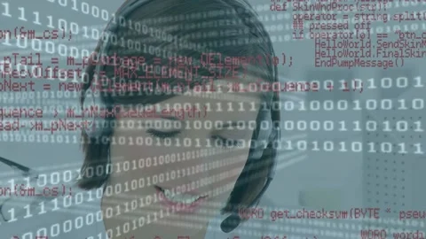Binary coding data processing over caucasian female customer care executive Video stock 197090273
