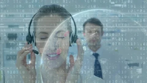 Binary coding data processing over caucasian female customer care executive Video stock 197090274