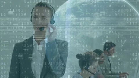 Binary coding data processing over caucasian female customer care executive Video stock 197090275