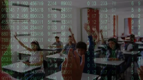 Binary coding data processing over group of diverse kids raising their hands in Video stock 326297219