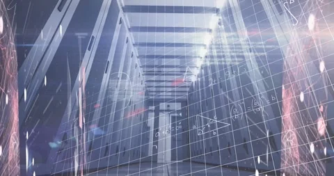Binary coding data processing over computer server room against red technology Stock Footage 328354214