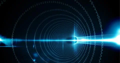 Binary coding data processing over digital tunnel against spot of light on black 스톡 일러스트