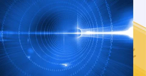 Binary coding data processing over digital tunnel against yellow technology Illustrazione stock