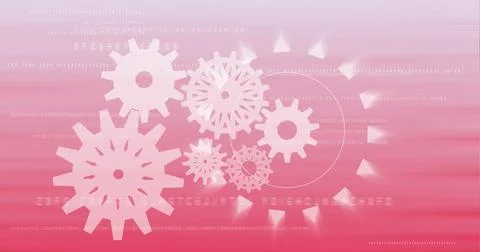 Binary coding data processing over multiple settings icons on pink gradient Stock Illustration