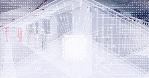 Binary coding data processing over empty computer server room against white Stock Illustration