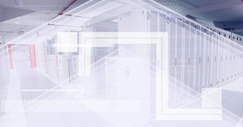 Binary coding data processing over empty computer server room against white Stock Illustration