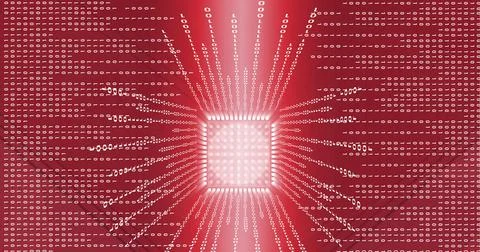 Binary coding data processing over microprocessor chip against red background 스톡 일러스트