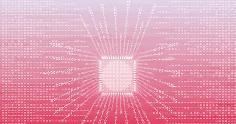 Binary coding data processing over microprocessor chip against pink gradient Stock Illustration