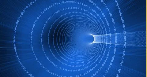 Binary coding data processing over a digital tunnel against light trails on blue Stock Illustration