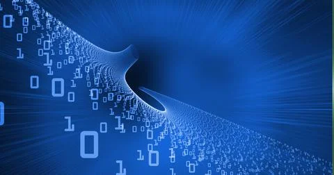 Binary coding data processing over a digital tunnel against light trails on blue Stock Illustration