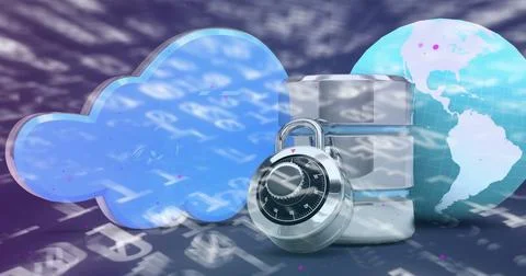 Binary coding data processing over database server, globe and cloud icon against Illustrazione stock