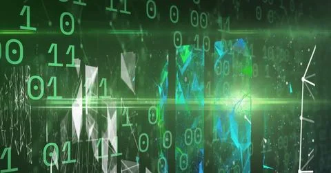 Binary coding data processing over screens of plexus networks against green Illustrazione stock