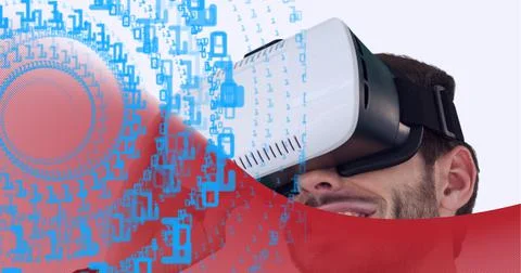 Binary coding data processing over businessman wearing vr headset against red Stock Photos