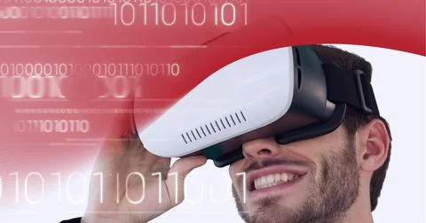 Binary coding data processing over businessman wearing vr headset against red Foto stock