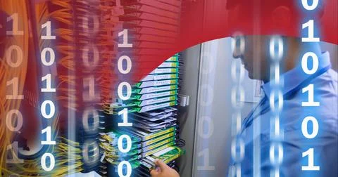 Binary coding data processing over man working in server room against red Stock Photos