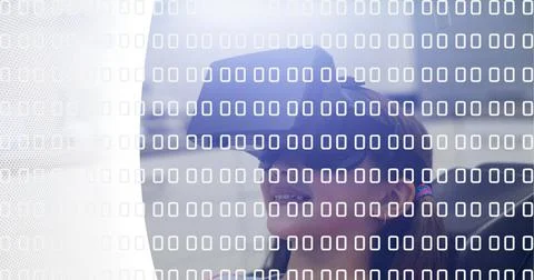 Binary coding with data processing over girl wearing vr headset against white Stock Photos