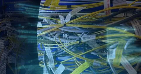 Binary coding data processing over close up of computer server against black Foto stock