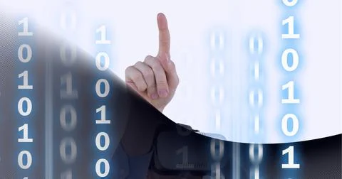 Binary coding data processing over man wearing vr headset touching invisible Stock Photos