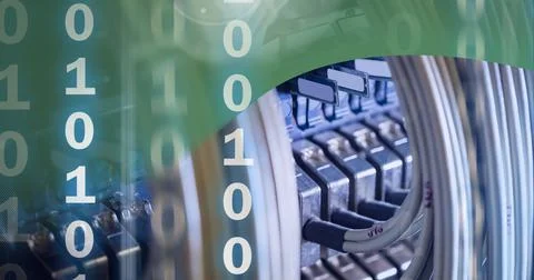 Binary coding data processing over close up of computer server against green Stock Photos