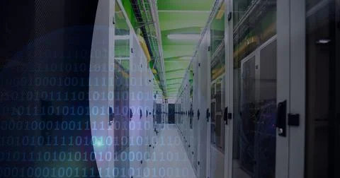 Binary coding data processing over empty computer server room against black Foto stock