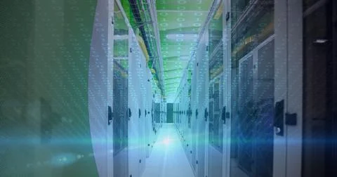 Binary coding data processing over empty computer server room against green Foto stock