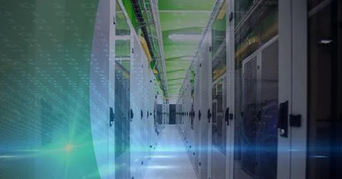 Binary coding data processing over empty computer server room against green Foto stock